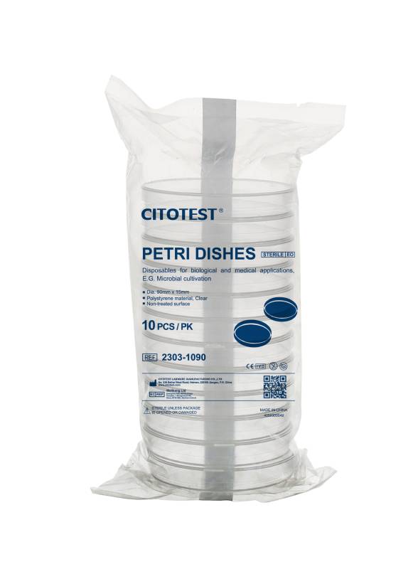 Caja de Petri PS EO estéril, tres ventilaciones, 90x15, Pack x 10 unidades