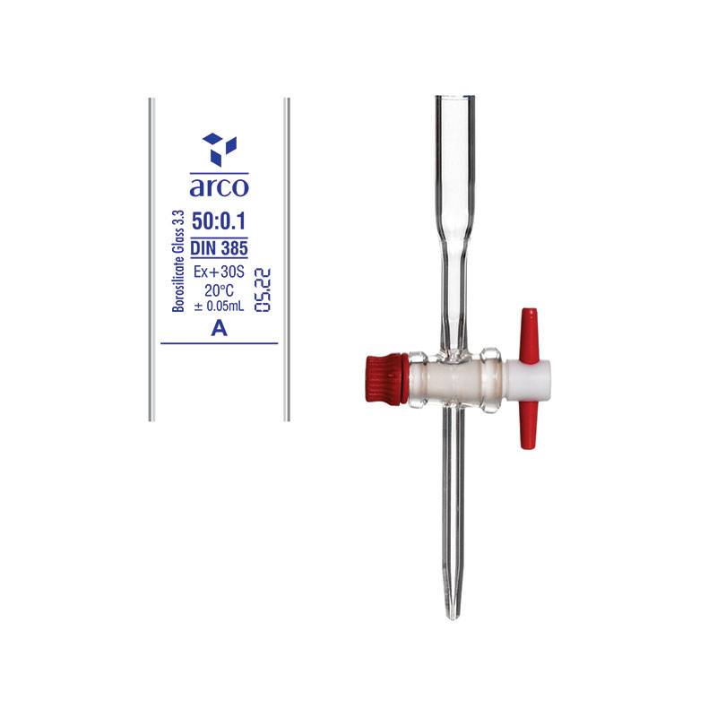 Bureta Vidrio Boro 3.3 Recta 50ml, Robinete Ptfe, Clase A, Certificado De Lote, Incolora Graduada 1/10