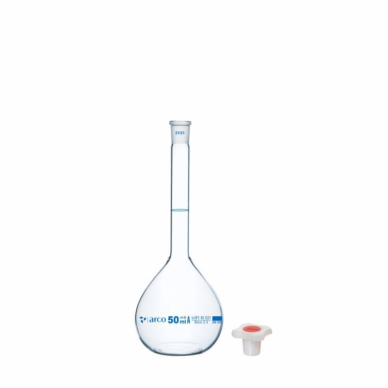 Matraz volumétrico aforado  boro 3.3 50ml, incoloro, tapón plástico, clase A con certificado de lote