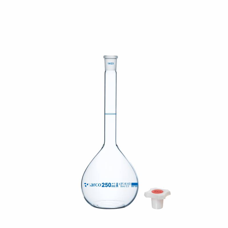 Matraz volumétrico aforado boro 3.3 250ml, incoloro, tapón plástico, clase A con certificado de lote
