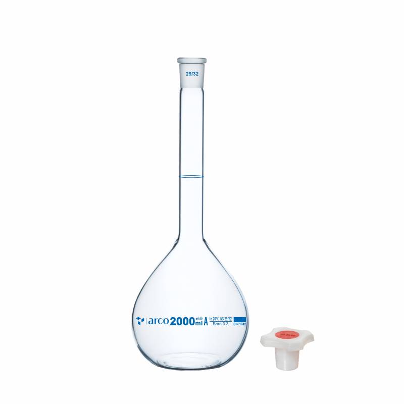 Matraz volumétrico aforado boro 3.3 2000ml, incoloro, tapón plástico, clase A con certificado de lote