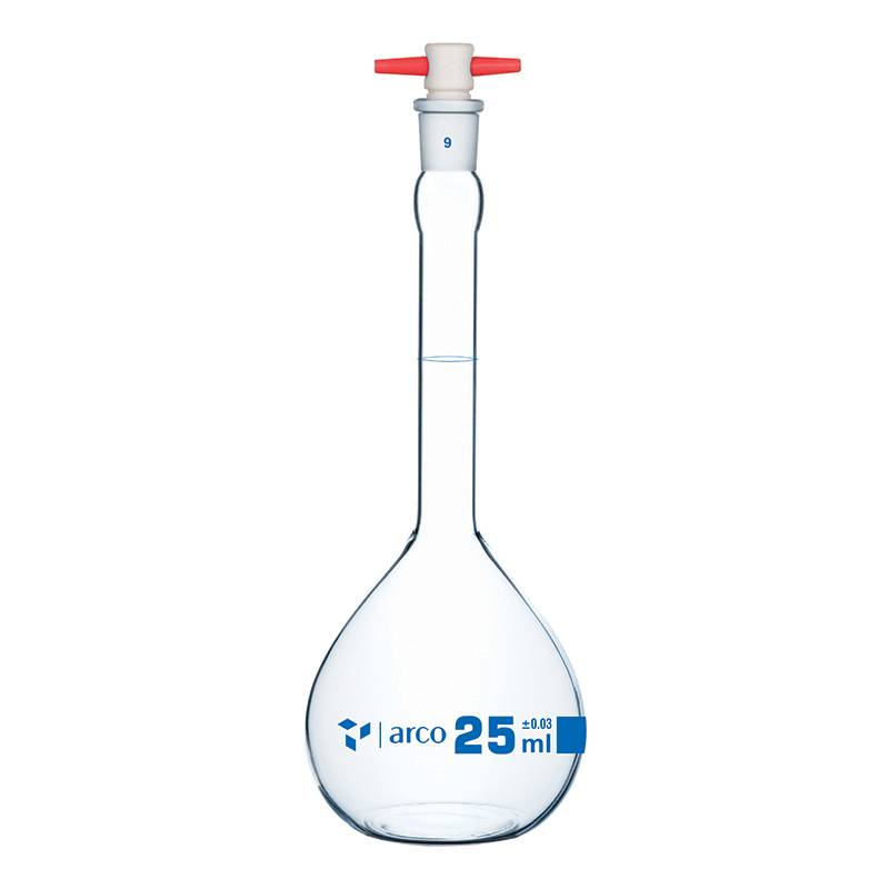 Matraz volumétrico aforado BORO 3.3 con tapa a presión incoloros x 25ml, clase A con certificado de lote