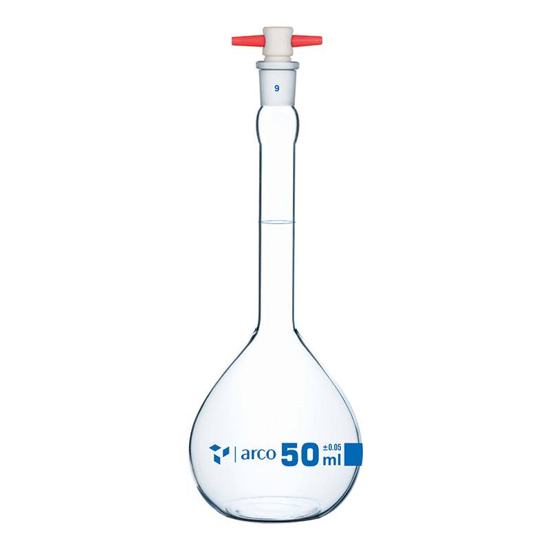 Matraz volumétrico  aforado boro 3.3 con tapa a presión incoloros x 50ml, clase A con certificado de lote
