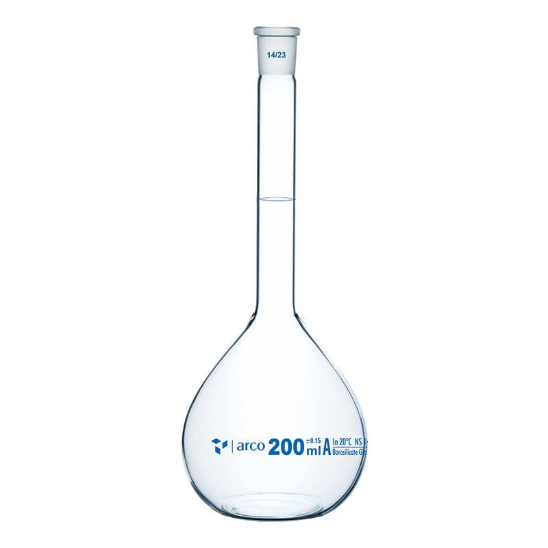 MATRAZ VOLUMETRICO AFORADO BORO 3.3 200ML, INCOLORO, TAPON PLASTICO, CLASE A CON CERTIFICADO DE LOTE