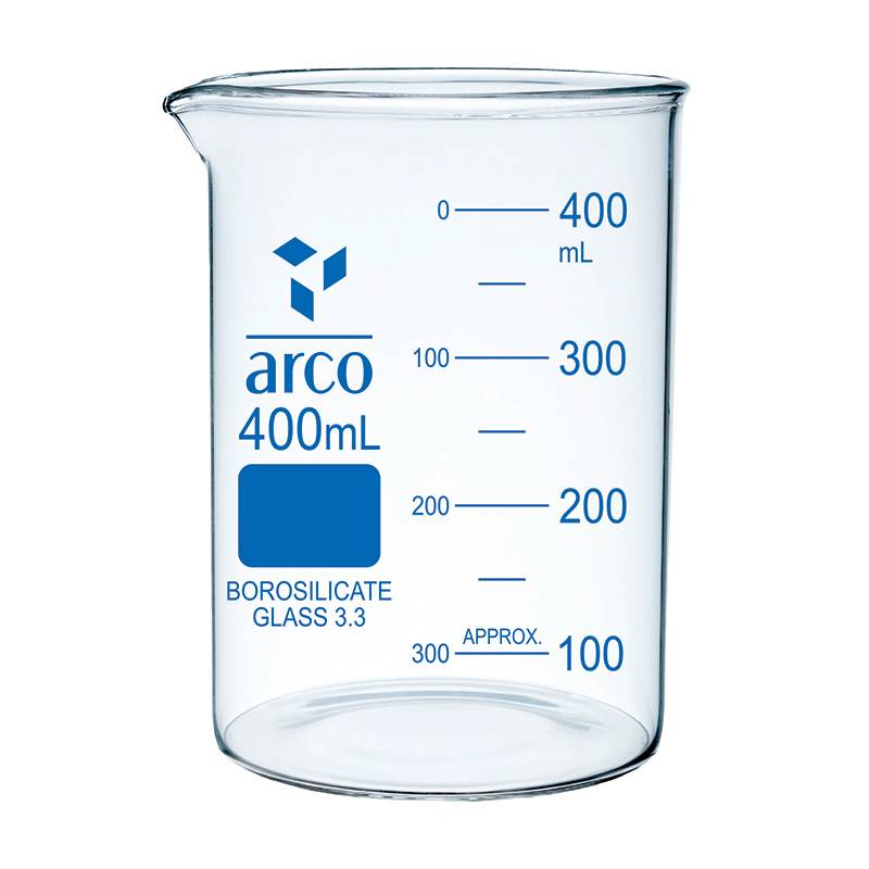 Vaso de Precipitado Boro 3.3, 400mL, Graduado, con pico, forma baja